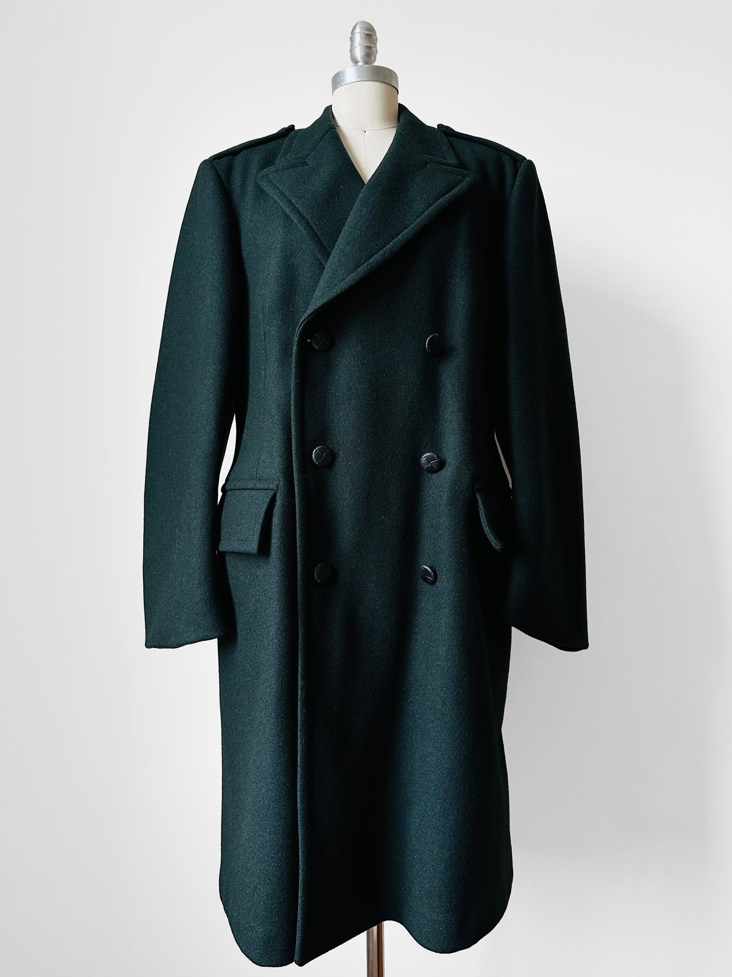 Hunter Green Double-Breasted Heavy Wool Military Trench Overcoat - Sz. M/L