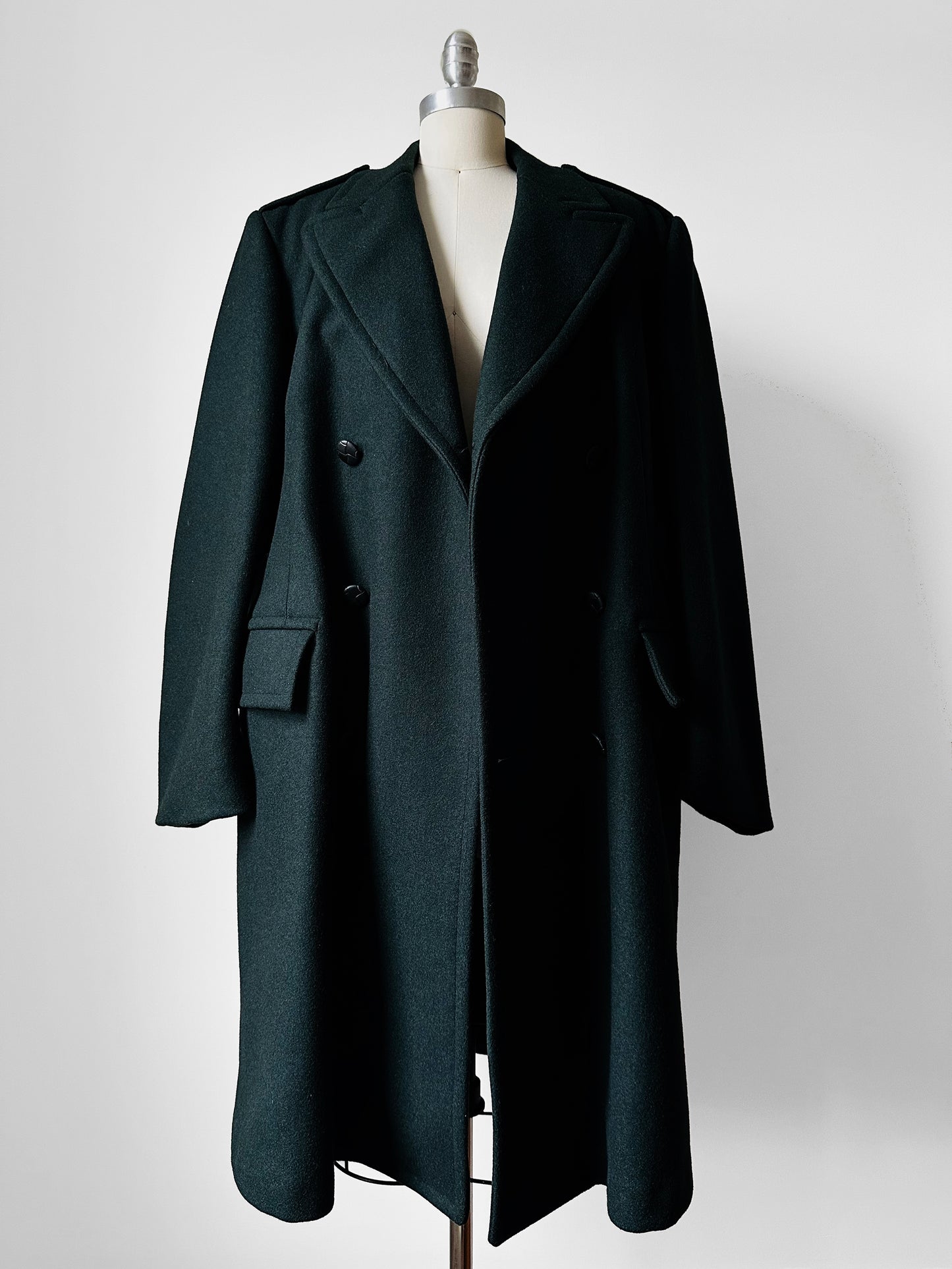 Hunter Green Double-Breasted Heavy Wool Military Trench Overcoat - Sz. M/L