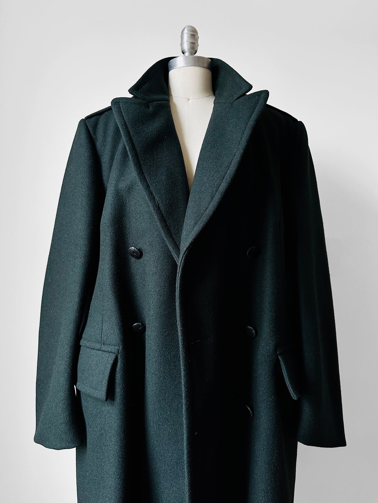 Hunter Green Double-Breasted Heavy Wool Military Trench Overcoat - Sz. M/L