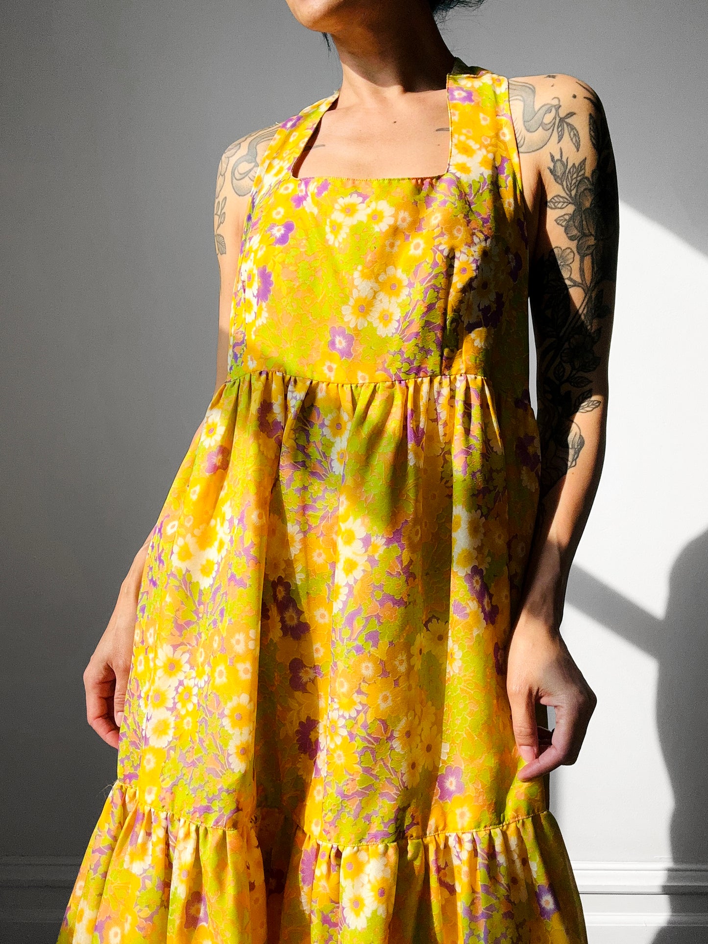 1960s - 1970s Handmade Floral Halter Prairie Summer Dress - Sz. M/L