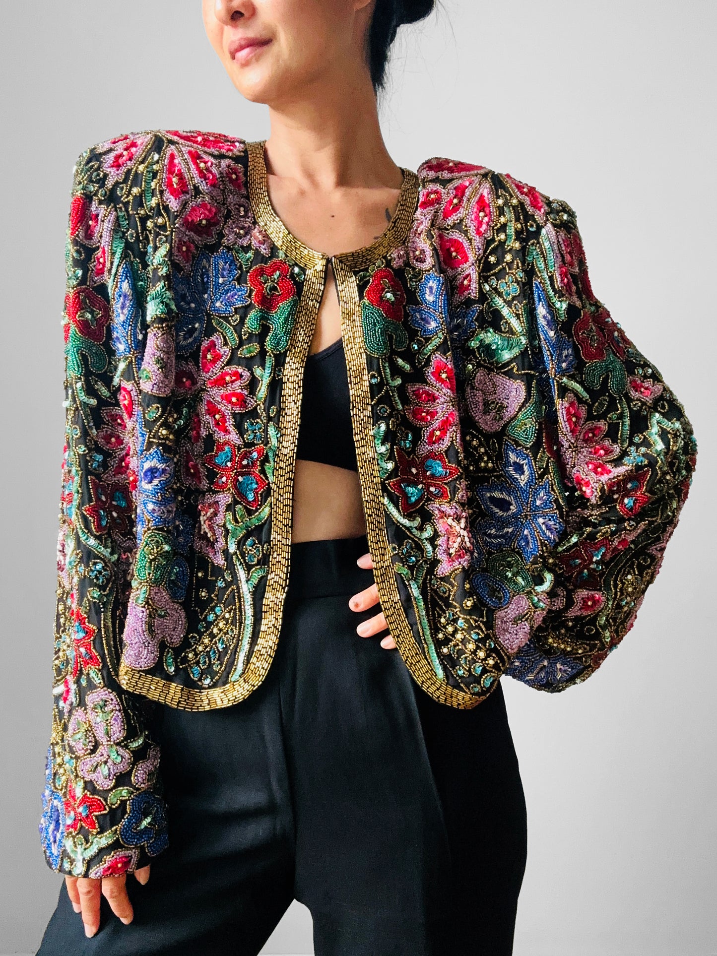 1980s Multi-Toned Beaded Sequins Open-Front Crop Silk Jacket - Sz. M/L