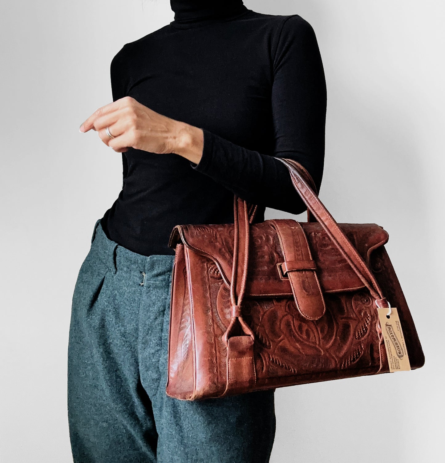 RESERVED - 1960s - 1970s Dark Brown Well-Worn Tooled Leather Handbag