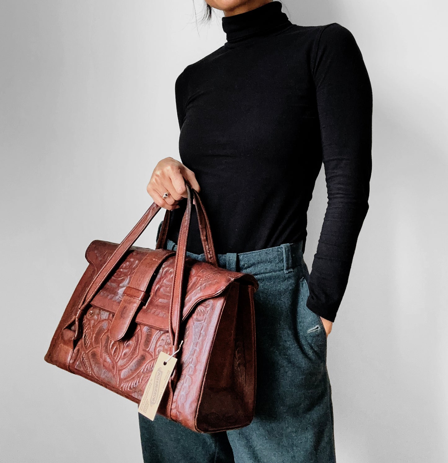 RESERVED - 1960s - 1970s Dark Brown Well-Worn Tooled Leather Handbag