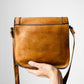 1970s Tan Well-Worn Distressed Leather Snap-Button Crossbody Satchel Purse