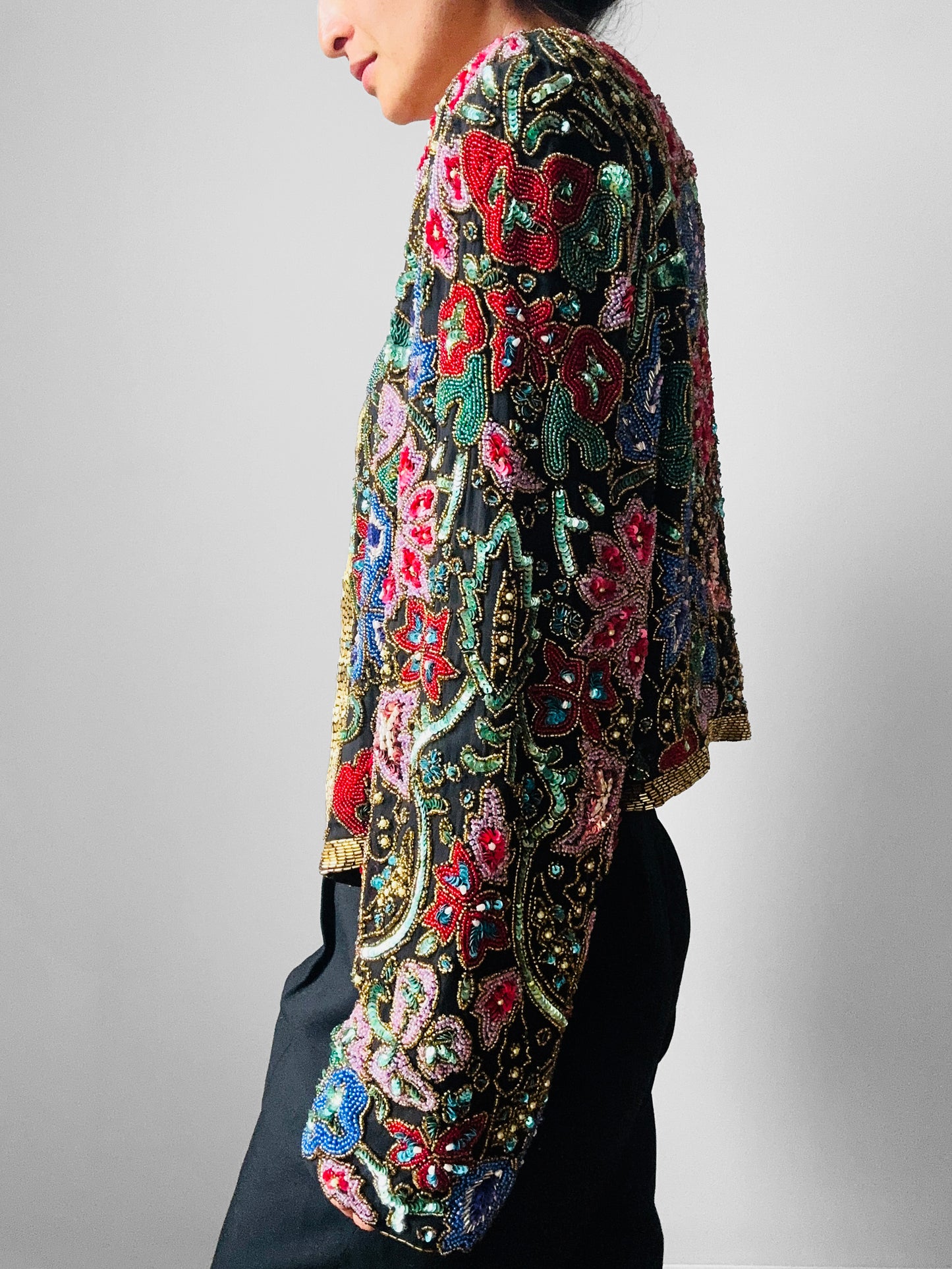 1980s Multi-Toned Beaded Sequins Open-Front Crop Silk Jacket - Sz. M/L