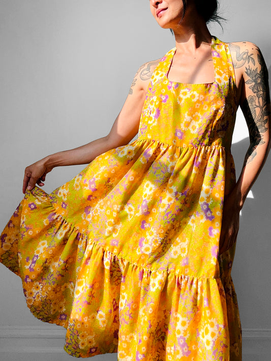 1960s - 1970s Handmade Floral Halter Prairie Summer Dress - Sz. M/L