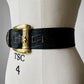 1980s - 1990s Black Textured Leather Etched Gold-Toned Buckle Belt - 26.5-30.5 inch waist