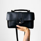 1970s Matte Black Heavy Leather Top-Handle Crossbody Purse