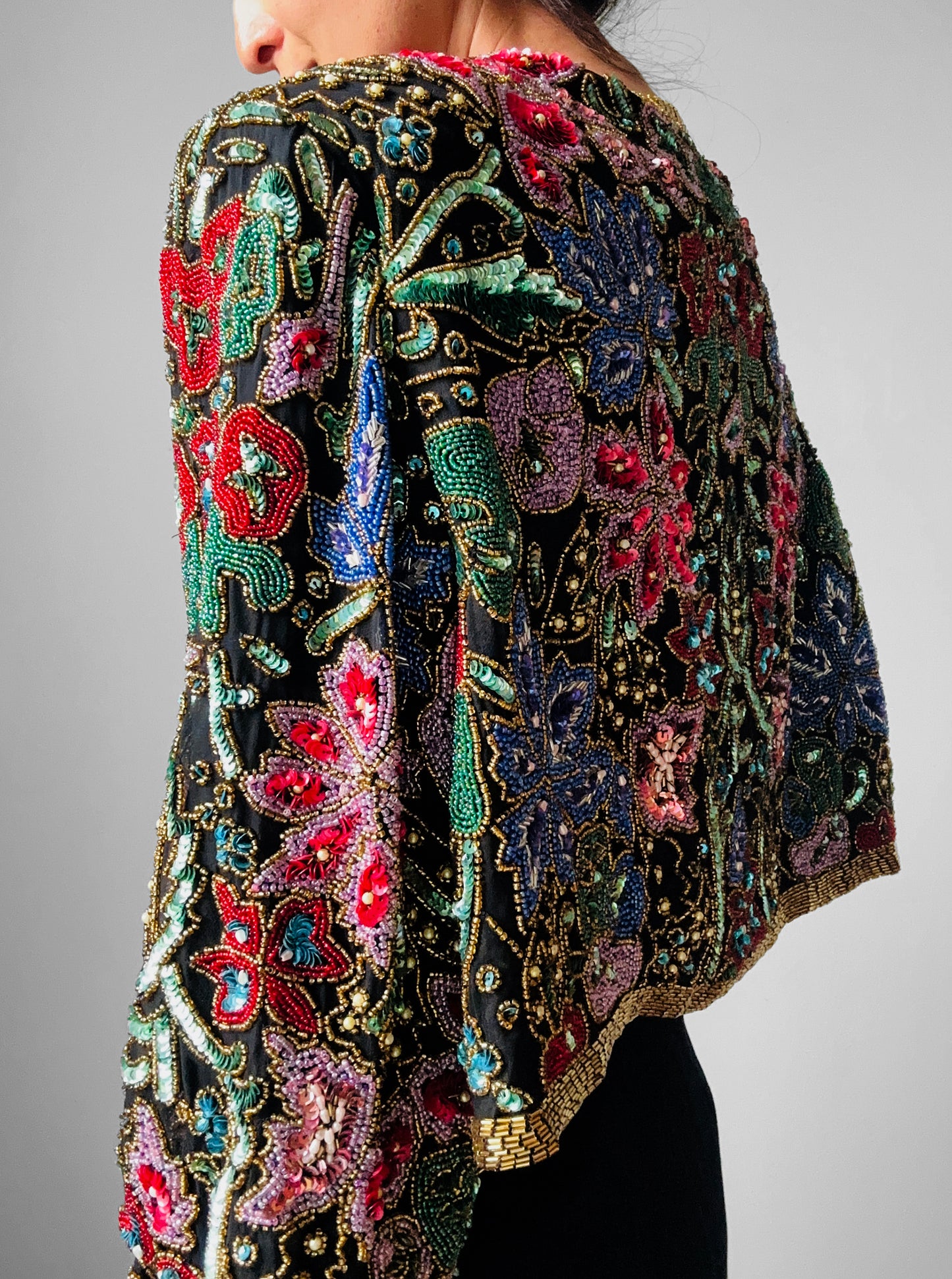 1980s Multi-Toned Beaded Sequins Open-Front Crop Silk Jacket - Sz. M/L