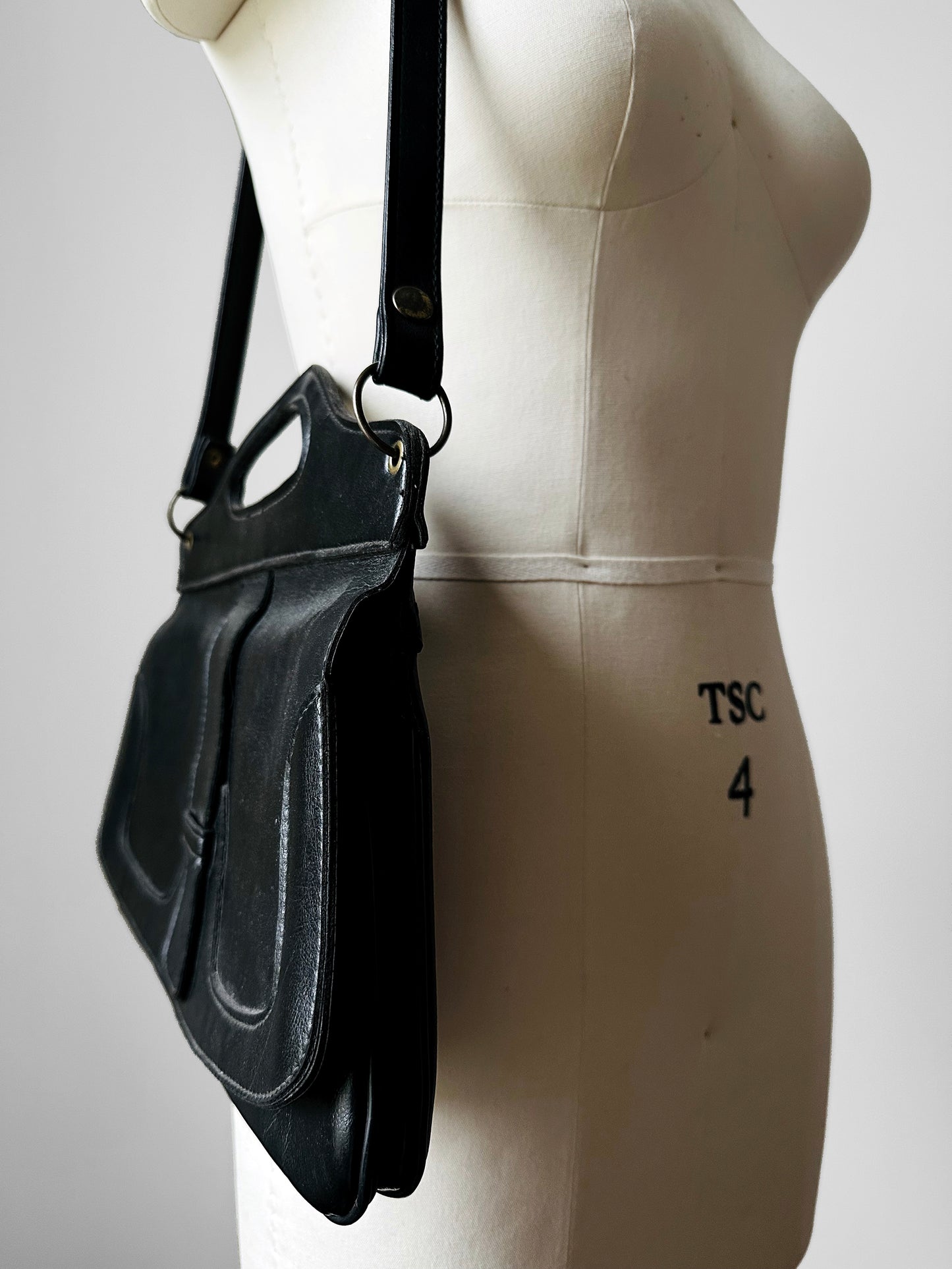 1960s Black Top-Handle Crossbody Faux-Leather Handbag Purse