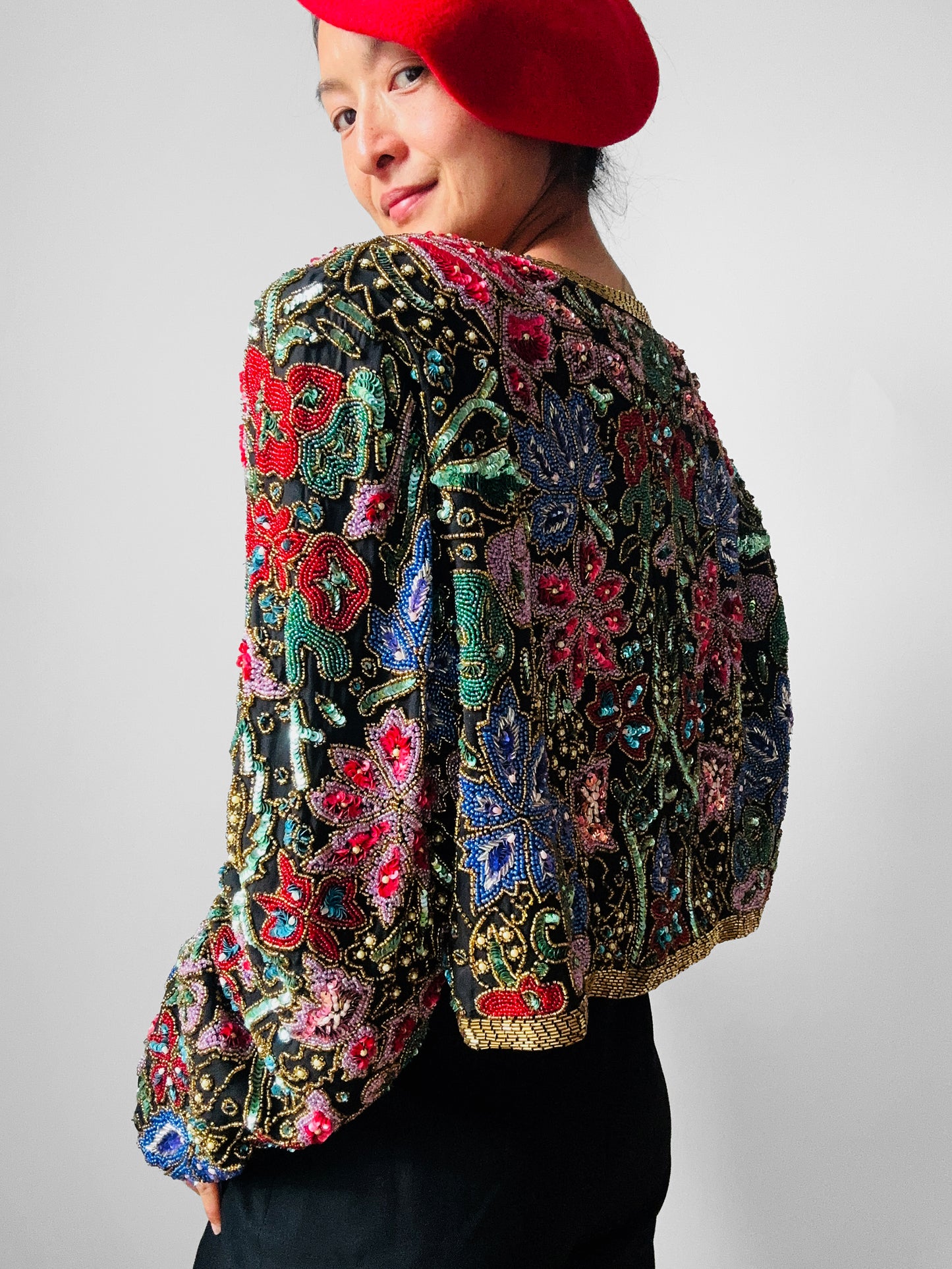 1980s Multi-Toned Beaded Sequins Open-Front Crop Silk Jacket - Sz. M/L