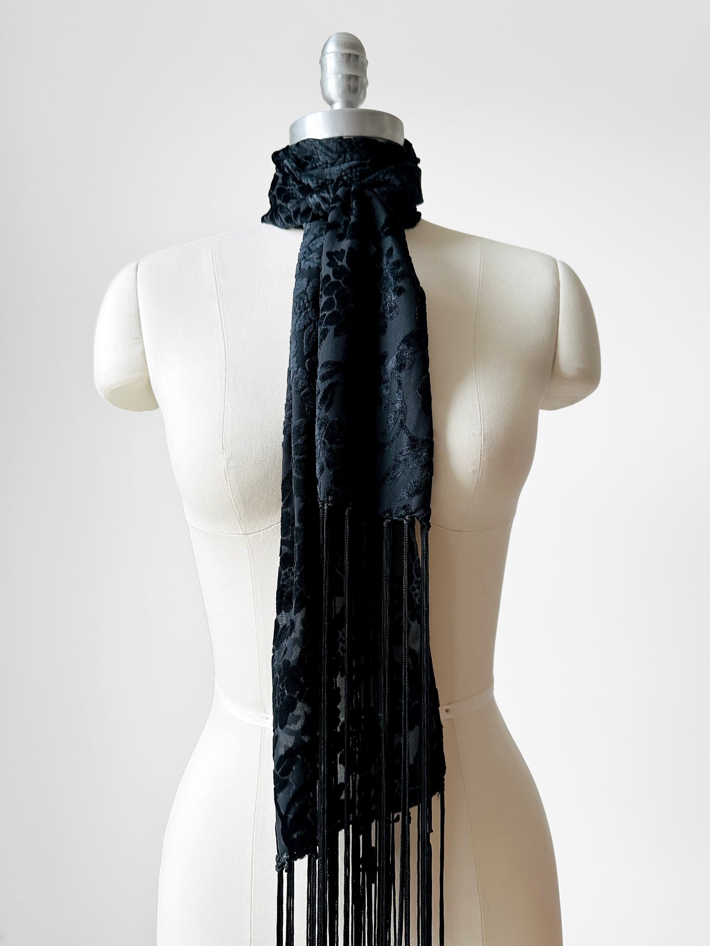 1990s Floral Velour Semi-Sheer Long Fringe Scarf