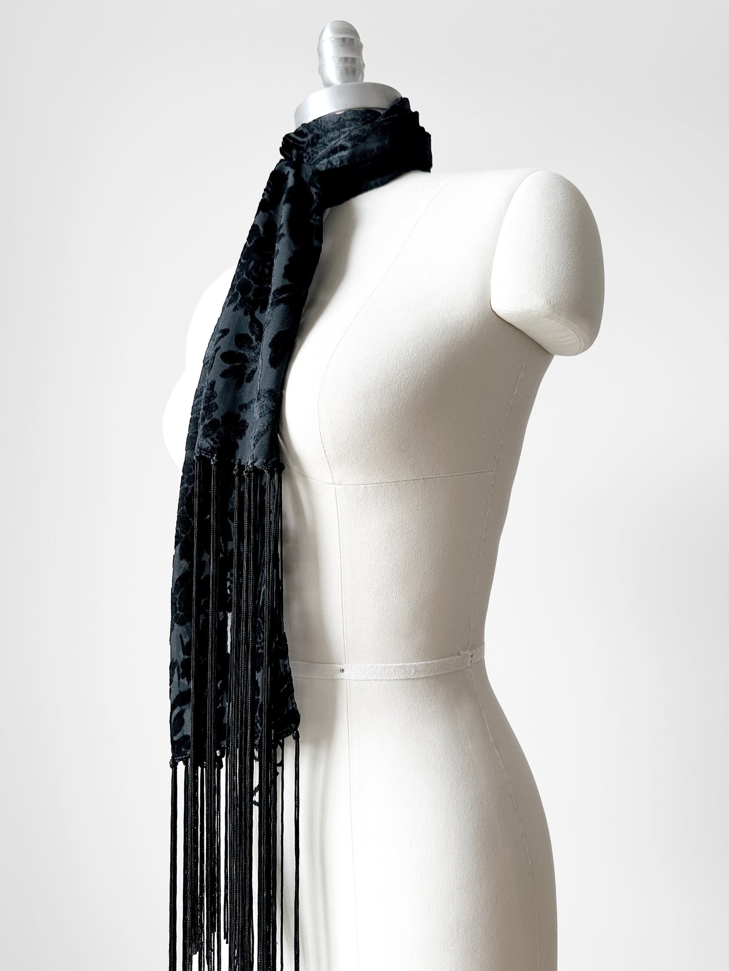 1990s Floral Velour Semi-Sheer Long Fringe Scarf