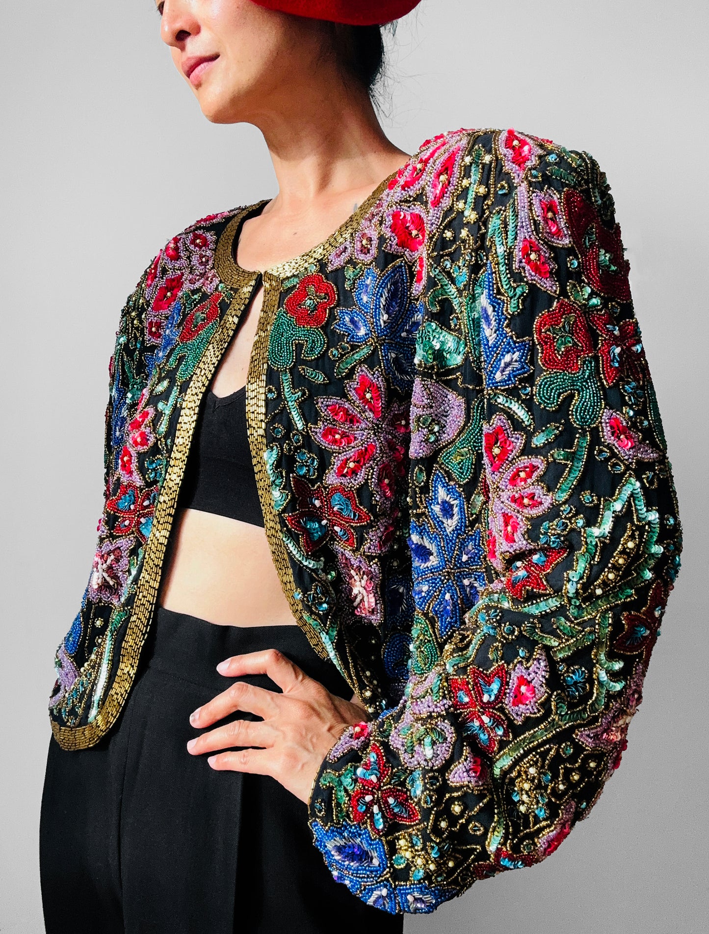 1980s Multi-Toned Beaded Sequins Open-Front Crop Silk Jacket - Sz. M/L