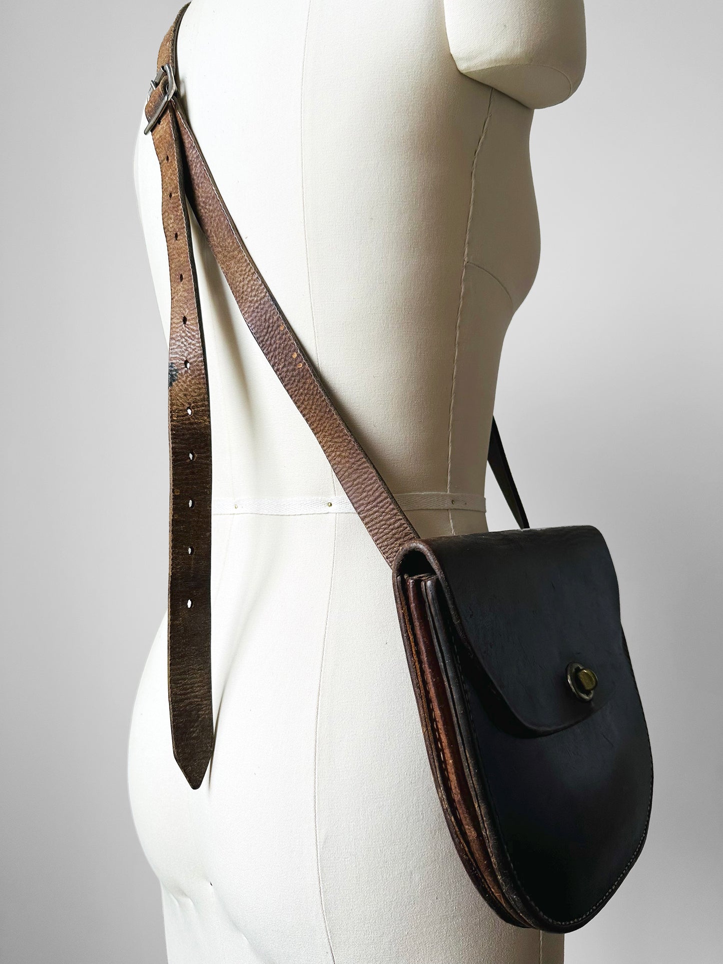 Well-Worn Brown Structured Distressed Leather Turn Lock Crossbody Satchel Bag Purse