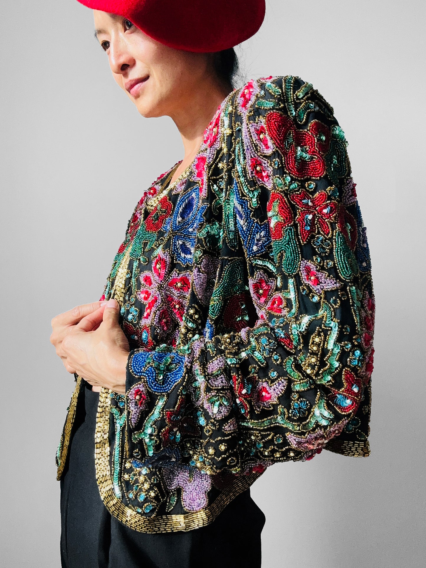1980s Multi-Toned Beaded Sequins Open-Front Crop Silk Jacket - Sz. M/L