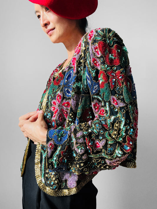 1980s Multi-Toned Beaded Sequins Open-Front Crop Silk Jacket - Sz. M/L