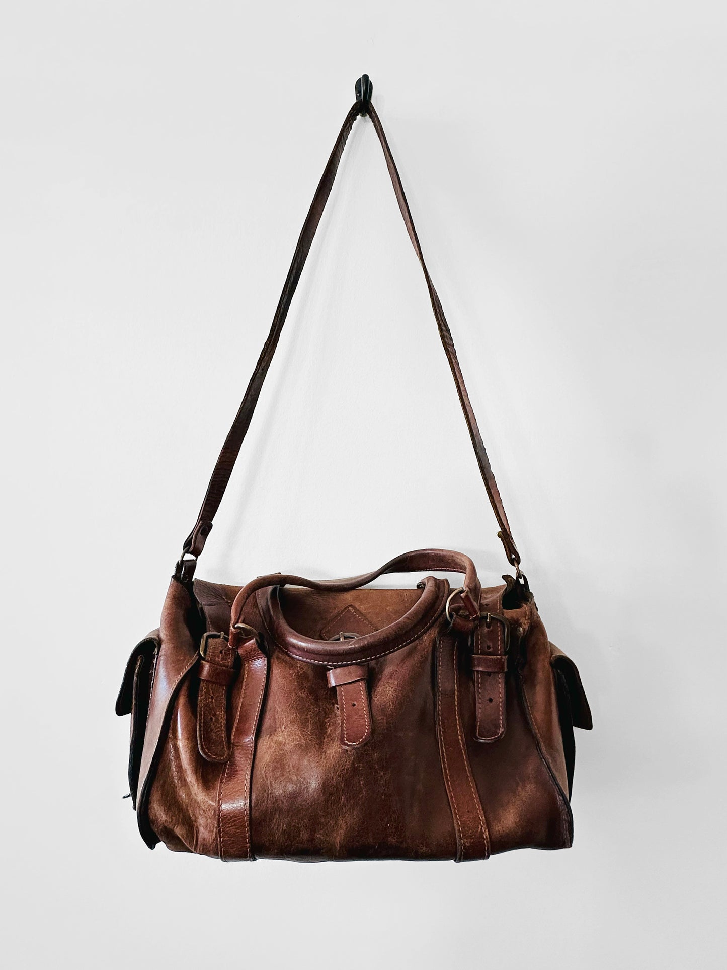 Late 20th Century Brown Well-Worn Buttery Soft Leather Top Handle Shoulder Bag
