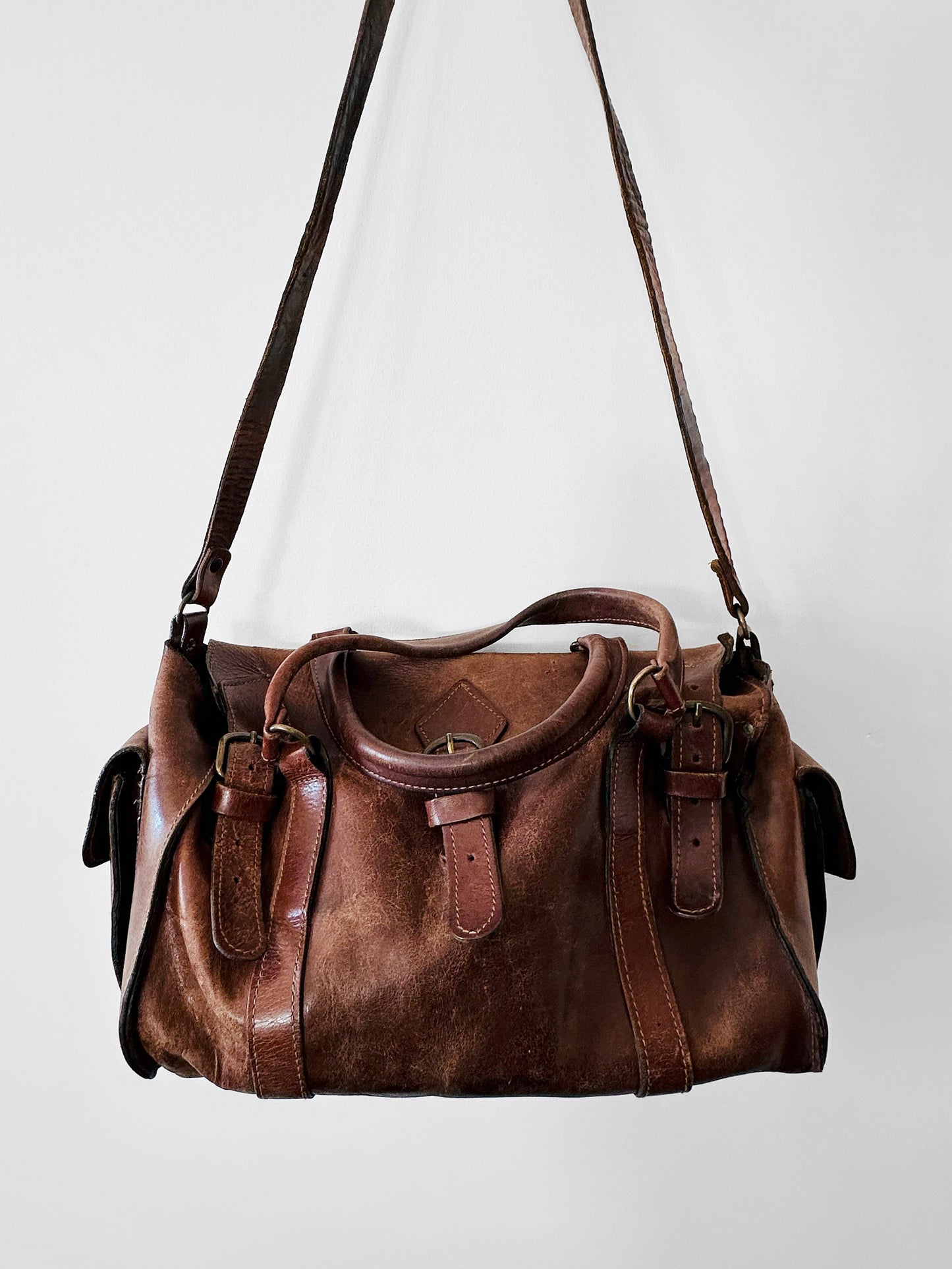 Late 20th Century Brown Well-Worn Buttery Soft Leather Top Handle Shoulder Bag