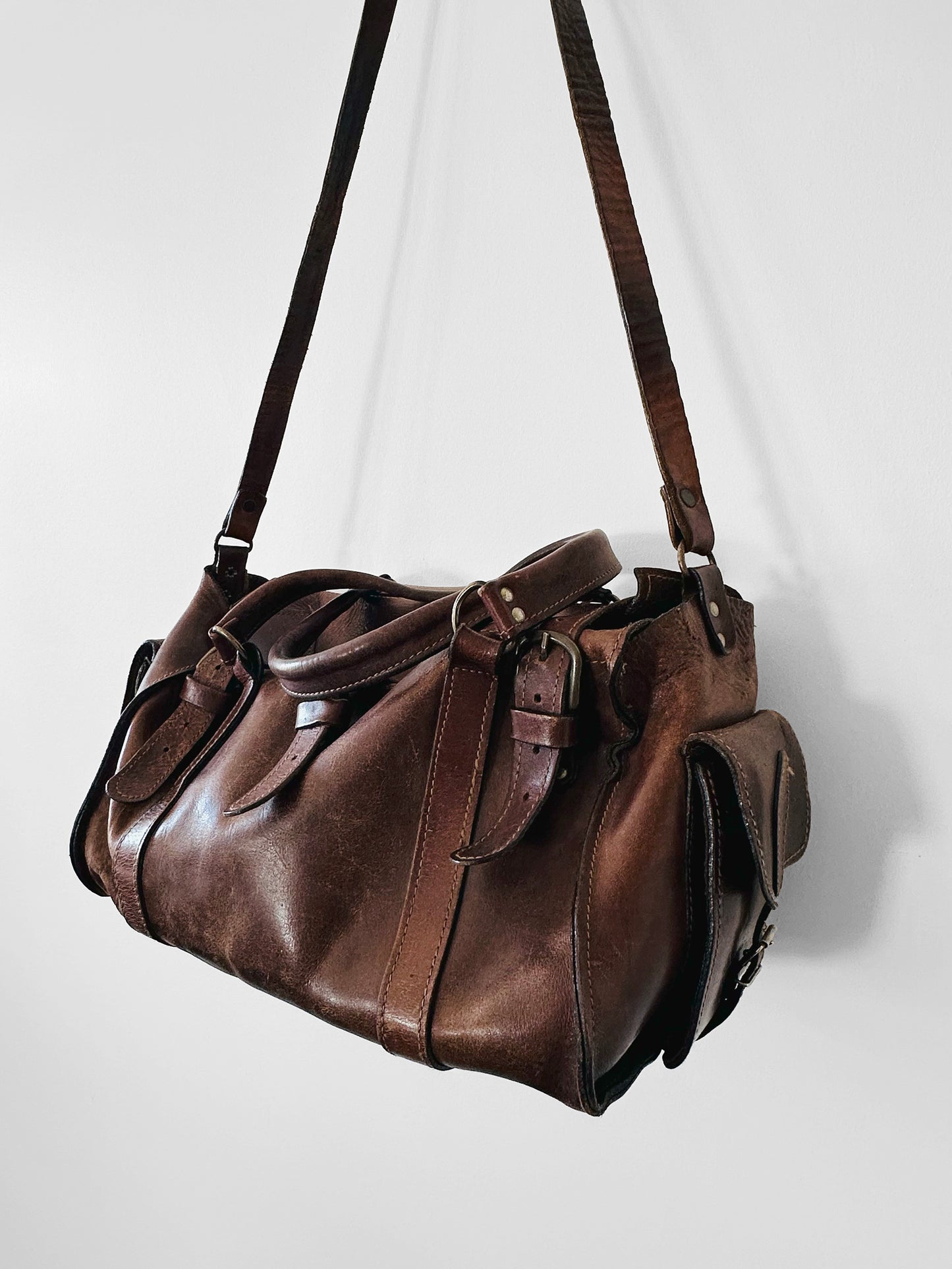 Late 20th Century Brown Well-Worn Buttery Soft Leather Top Handle Shoulder Bag