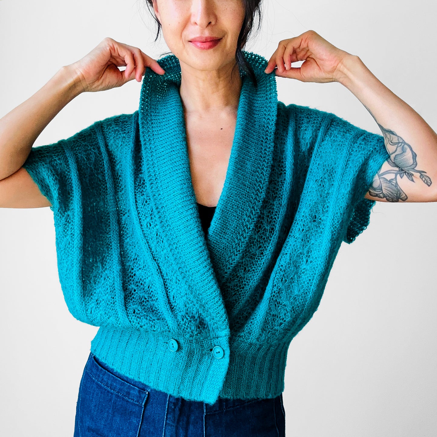 1980s Tealy Turquoise Kimono Style Delicate Knit Sleeveless Top - Sz. S/M