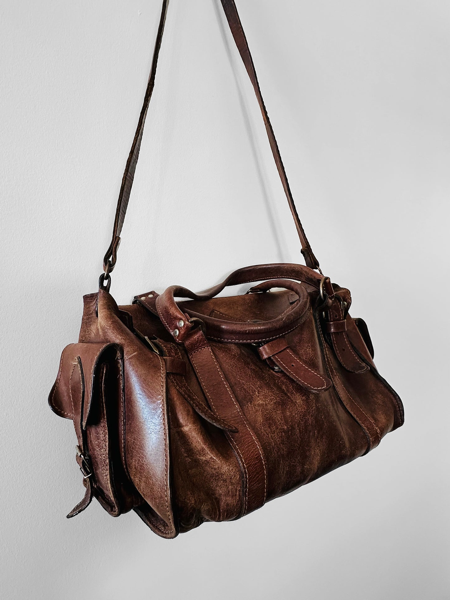 Late 20th Century Brown Well-Worn Buttery Soft Leather Top Handle Shoulder Bag