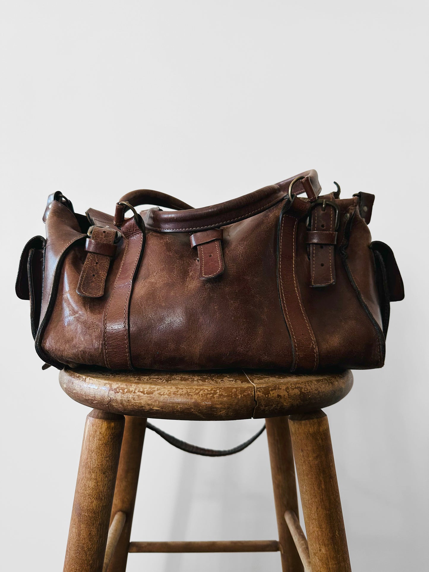 Late 20th Century Brown Well-Worn Buttery Soft Leather Top Handle Shoulder Bag