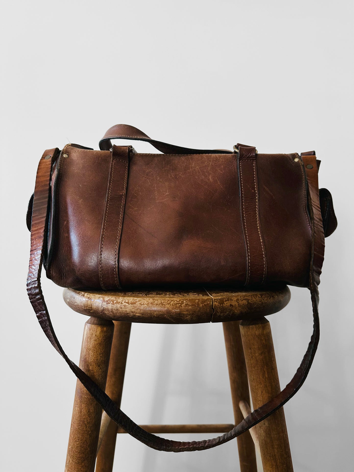 Late 20th Century Brown Well-Worn Buttery Soft Leather Top Handle Shoulder Bag