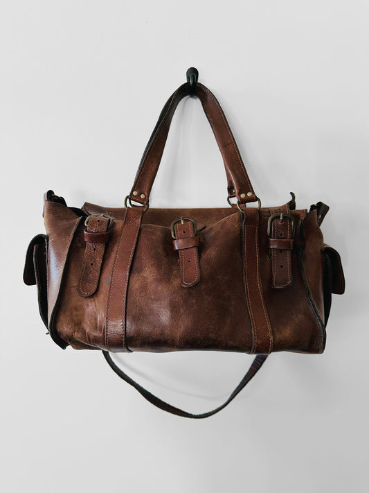 Late 20th Century Brown Well-Worn Buttery Soft Leather Top Handle Shoulder Bag