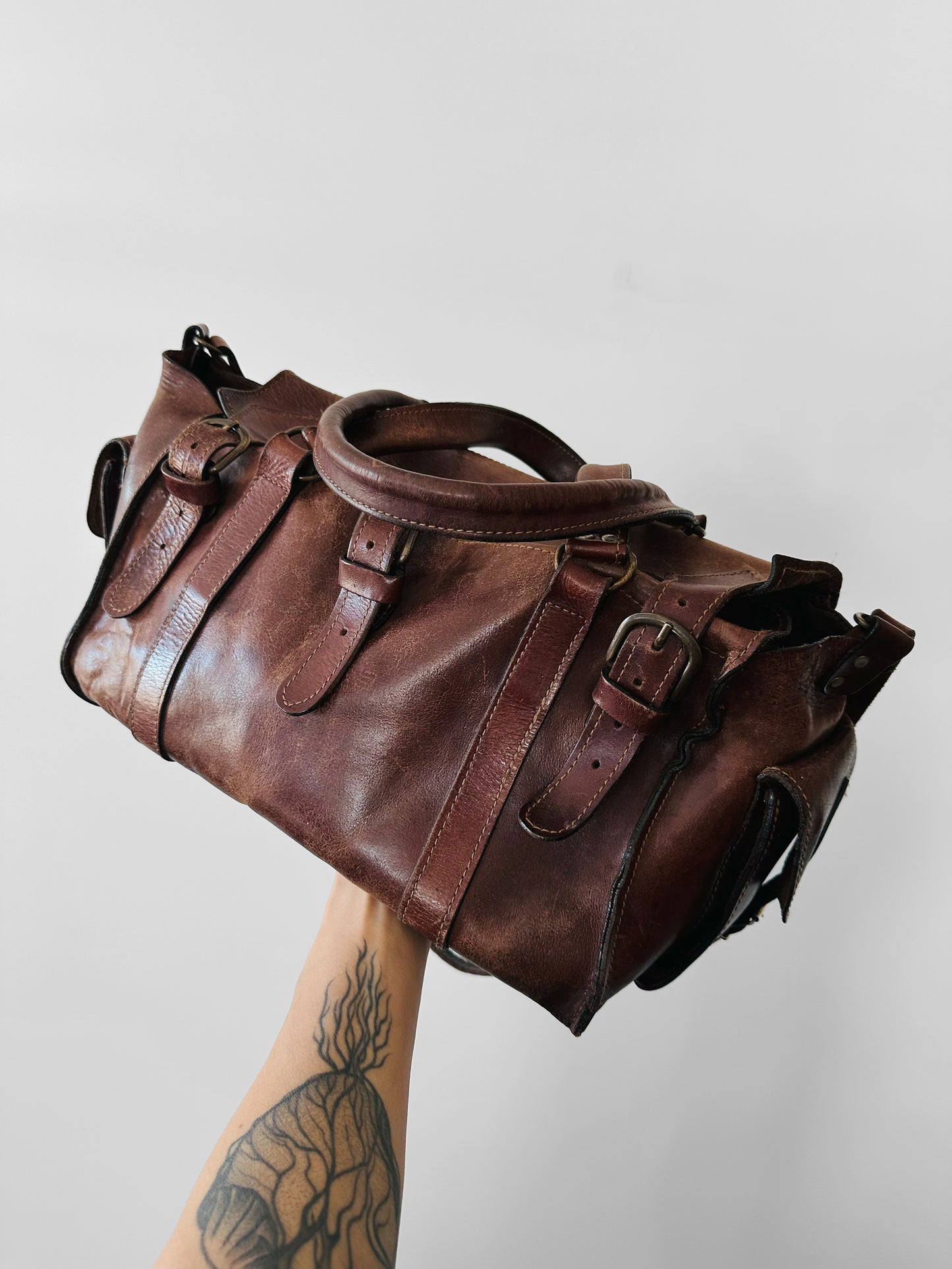 Late 20th Century Brown Well-Worn Buttery Soft Leather Top Handle Shoulder Bag