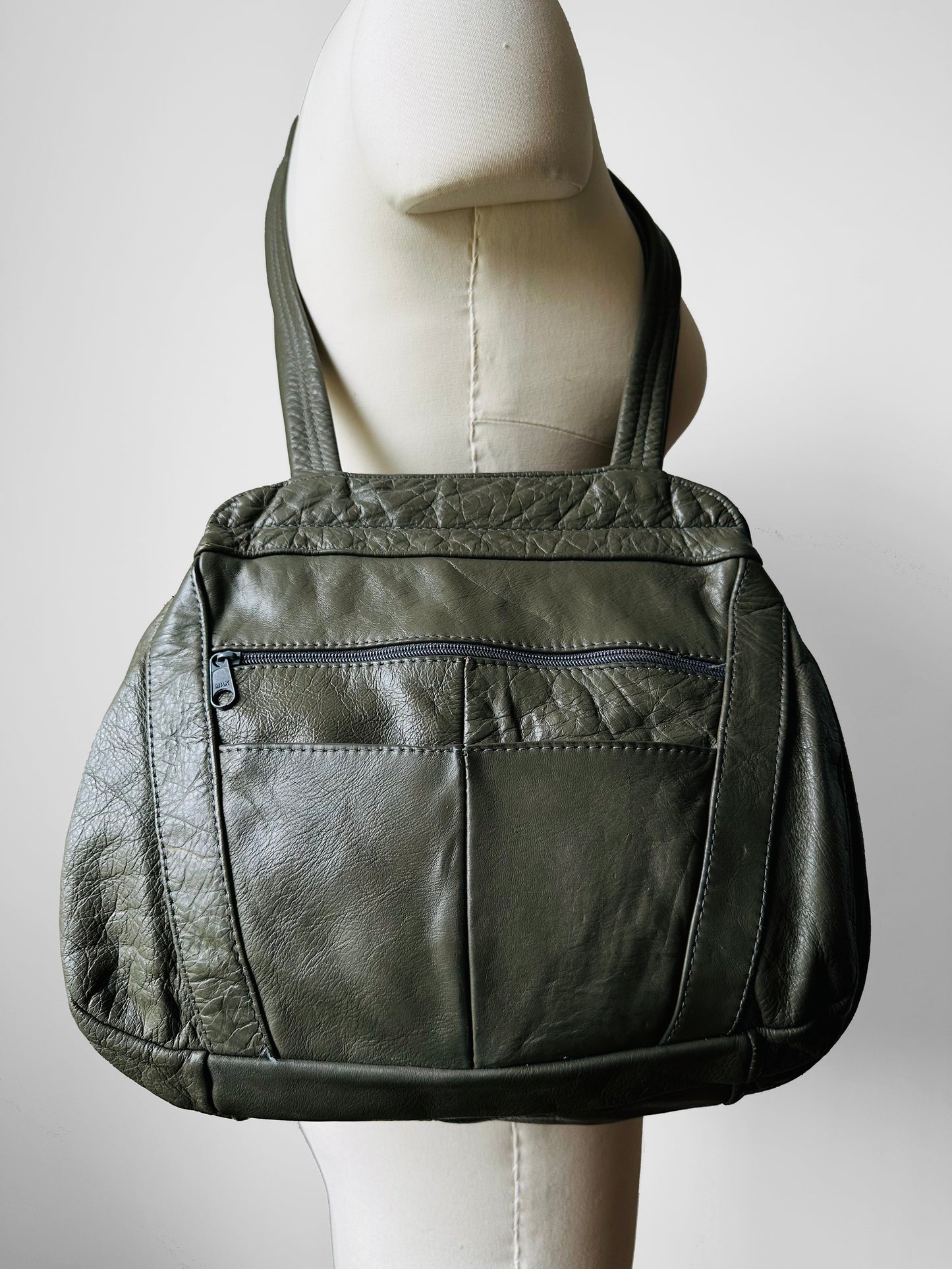 1970s Olive Green Grey Chunky Triple Zippered Compartment Leather Purse