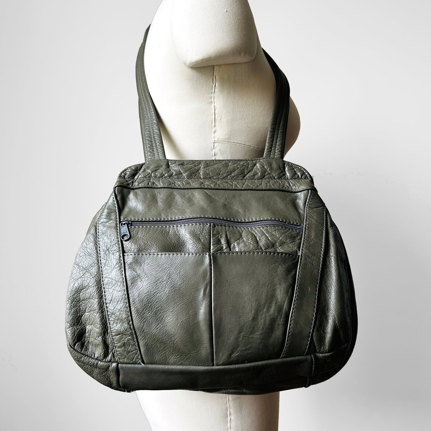 1970s Olive Green Grey Chunky Triple Zippered Compartment Leather Purse