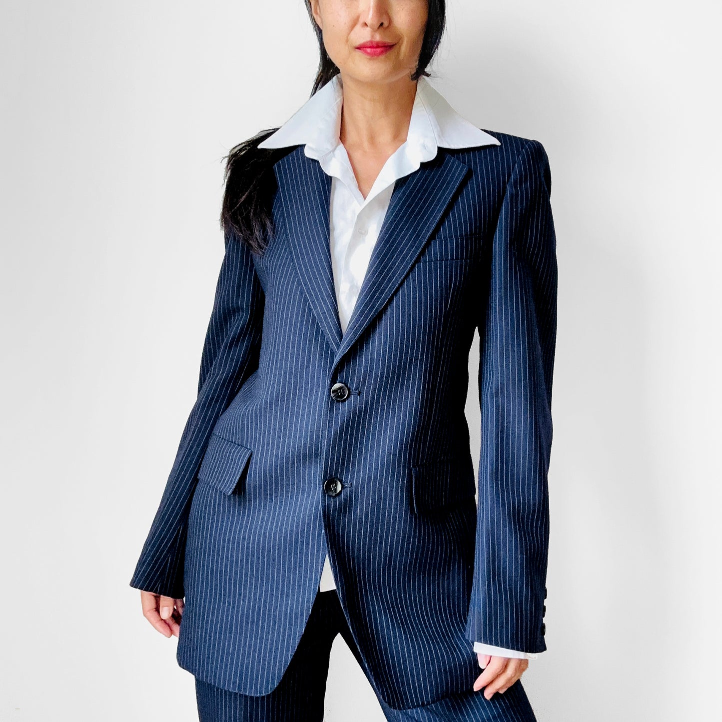 1970s Navy Blue Pinstripe Gender Fluid Pant Suit- S/M