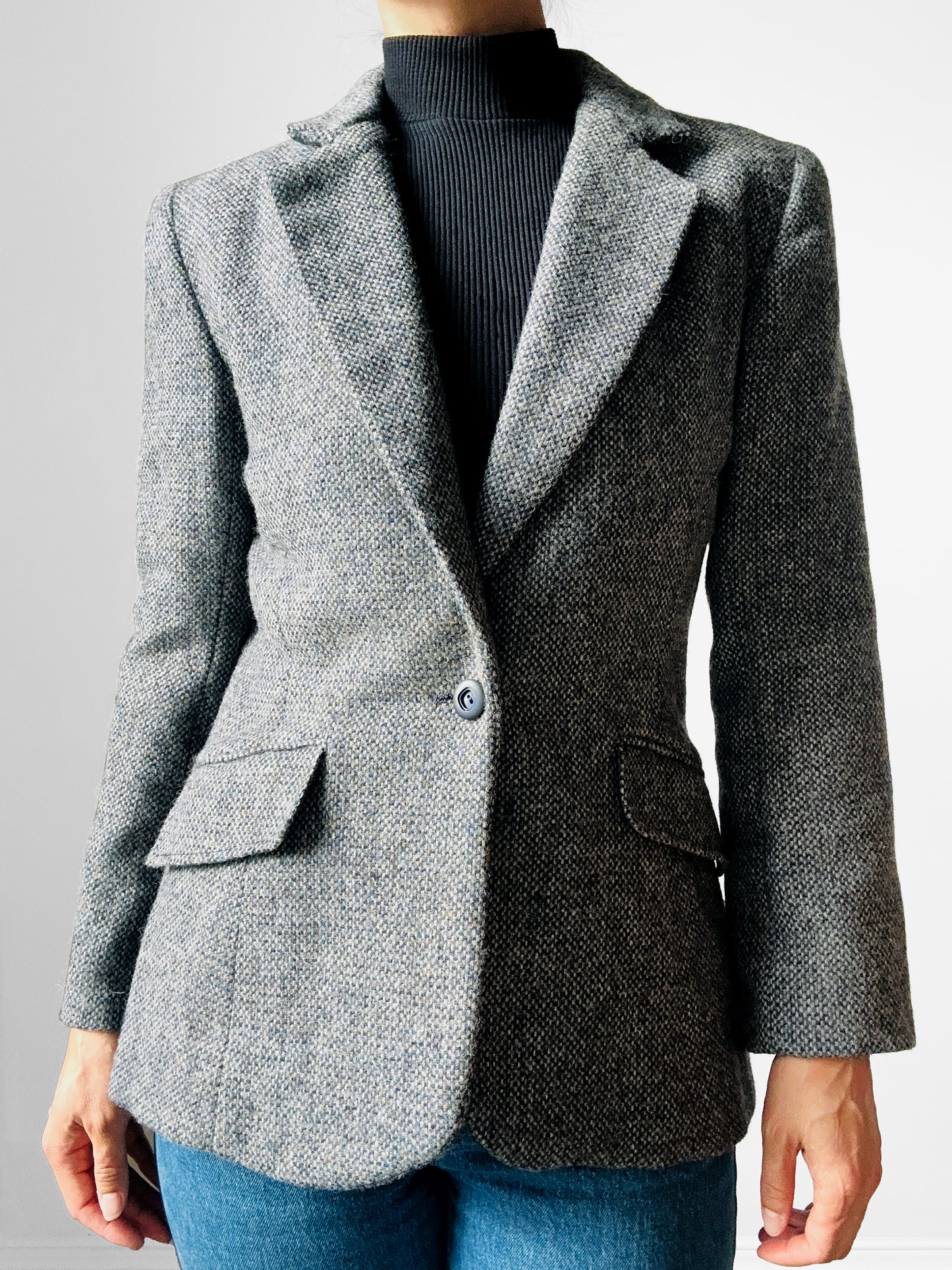 1960s Grey Single Button Tweed Wool Tapered Waist Jacket - Sz. S