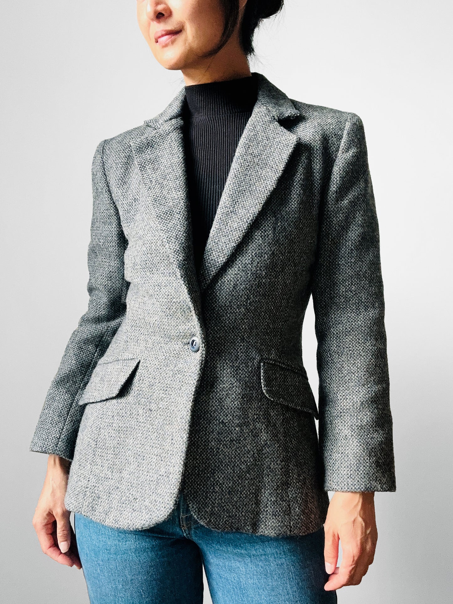 1960s Grey Single Button Tweed Wool Tapered Waist Jacket - Sz. S