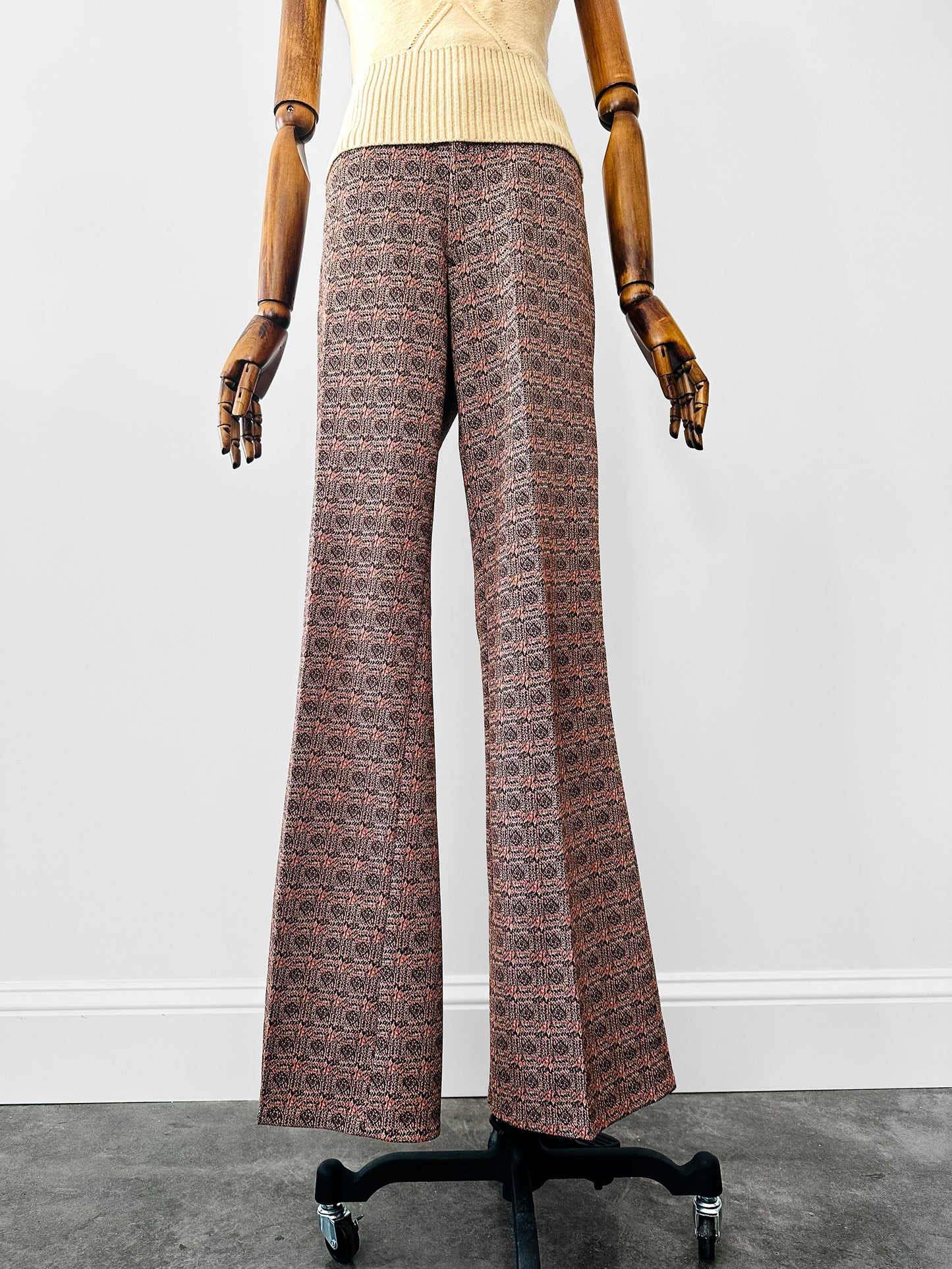 1970s Patterned Jacquard Wide Waistband Bell Bottom Pants - Sz. S/M
