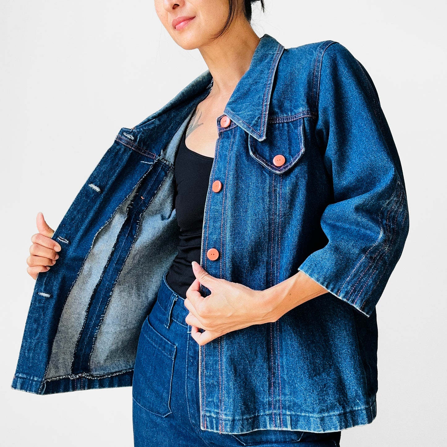 1990s 70s Style Blue Jean Button Front Jacket - Sz. S