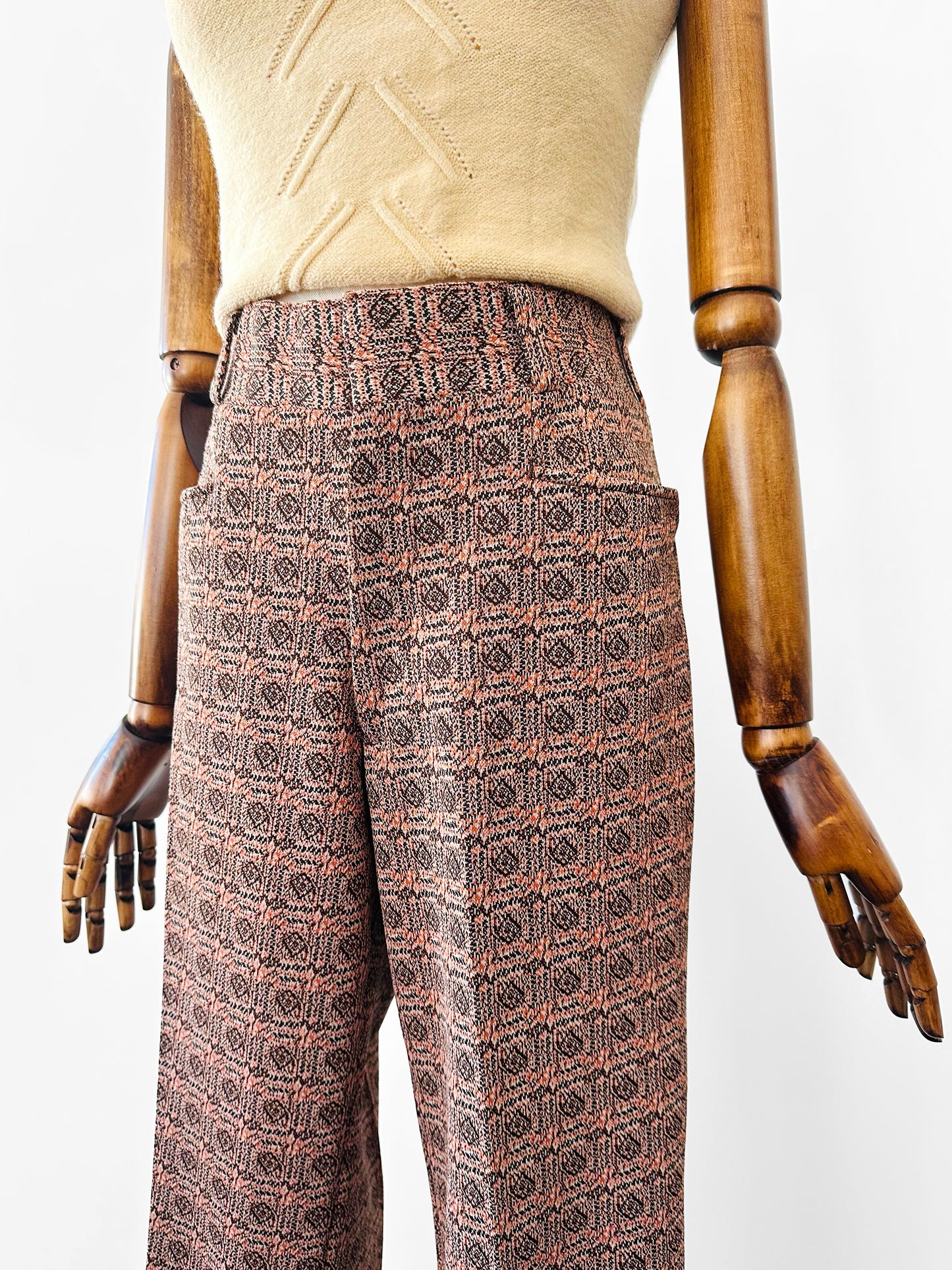1970s Patterned Jacquard Wide Waistband Bell Bottom Pants - Sz. S/M