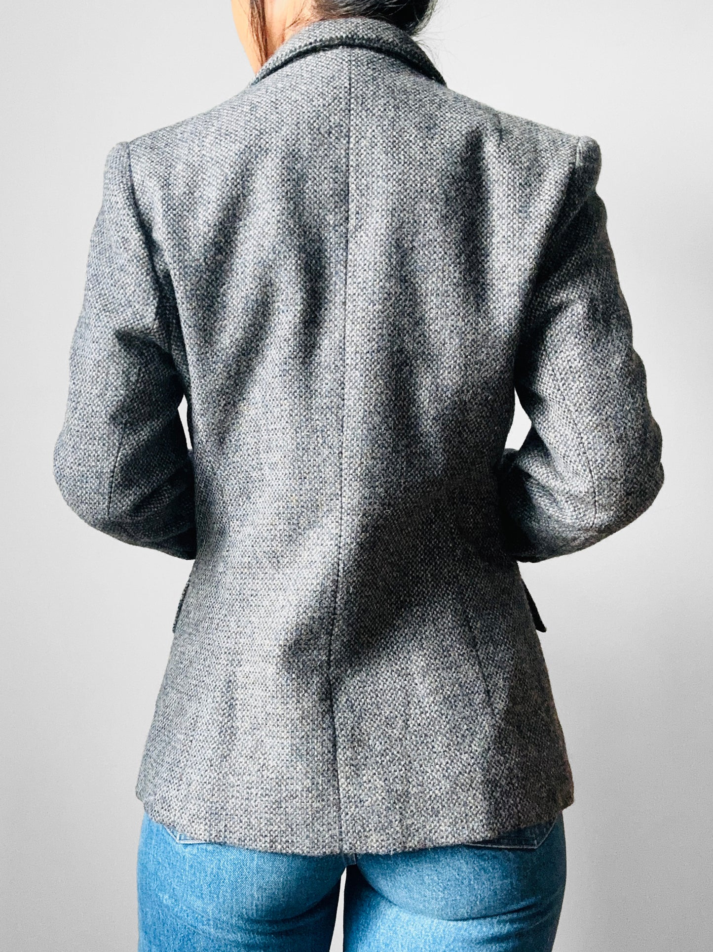 1960s Grey Single Button Tweed Wool Tapered Waist Jacket - Sz. S