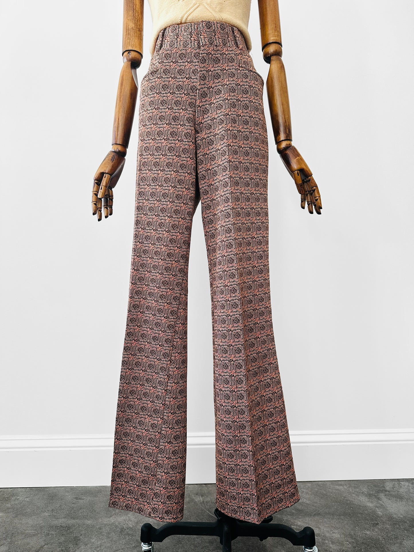 1970s Patterned Jacquard Wide Waistband Bell Bottom Pants - Sz. S/M