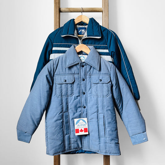 1970s Deadstock Blue MONT JASPER Snap-Button Zip-Front Quilted Kids Winter Jacket