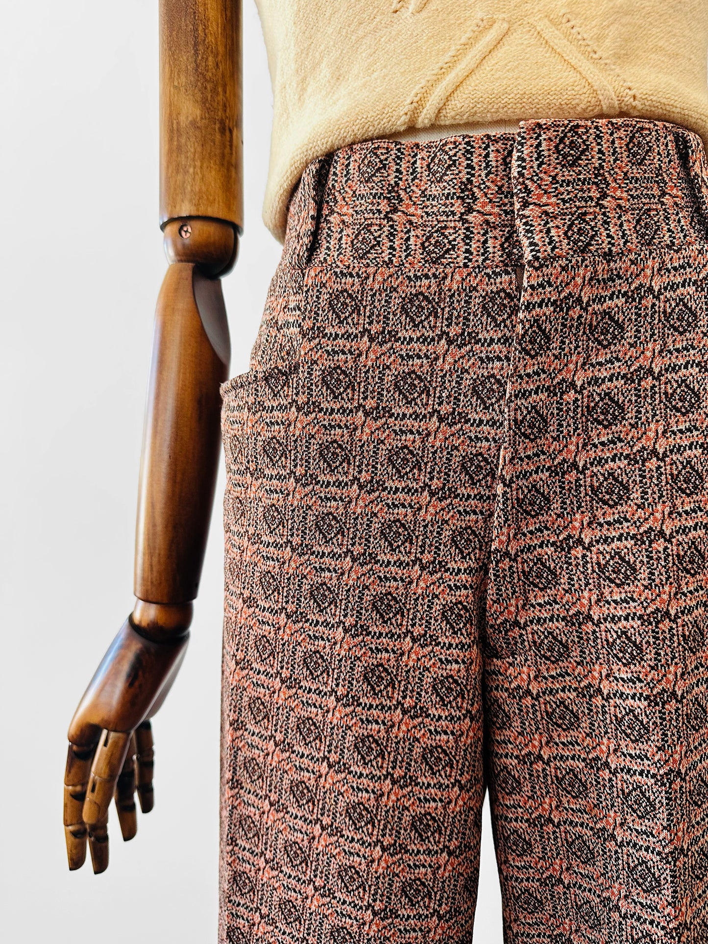 1970s Patterned Jacquard Wide Waistband Bell Bottom Pants - Sz. S/M