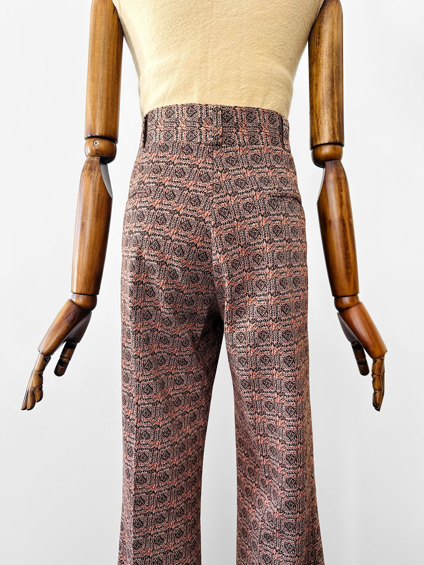 1970s Patterned Jacquard Wide Waistband Bell Bottom Pants - Sz. S/M