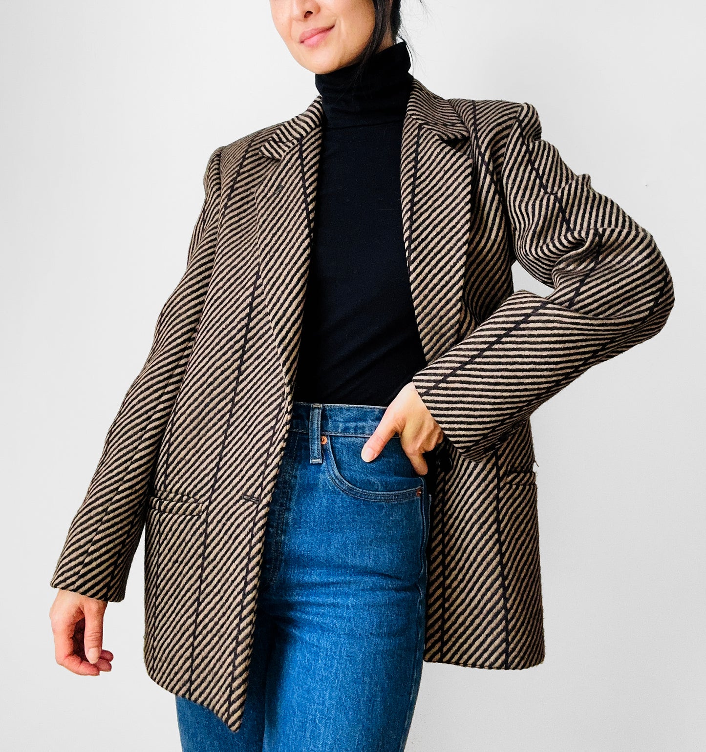 1980s Golden Beige and Black Stripe Wool Harve Benard Blazer - Sz. S