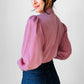 1970s Mauve Applique Pleated High-Neck Blouse - Sz. S