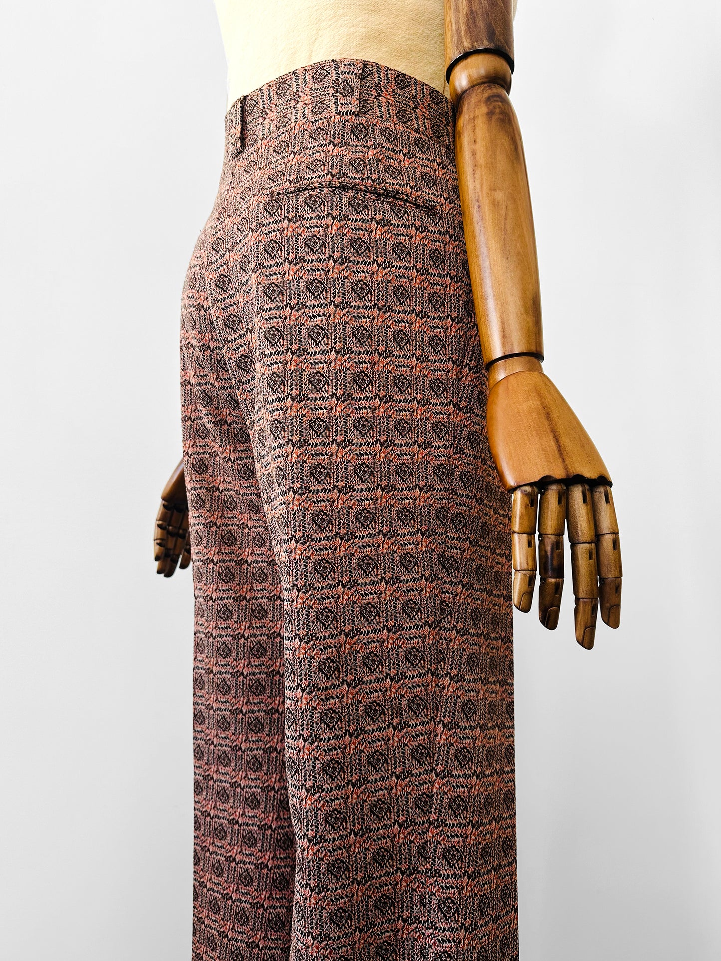 1970s Patterned Jacquard Wide Waistband Bell Bottom Pants - Sz. S/M