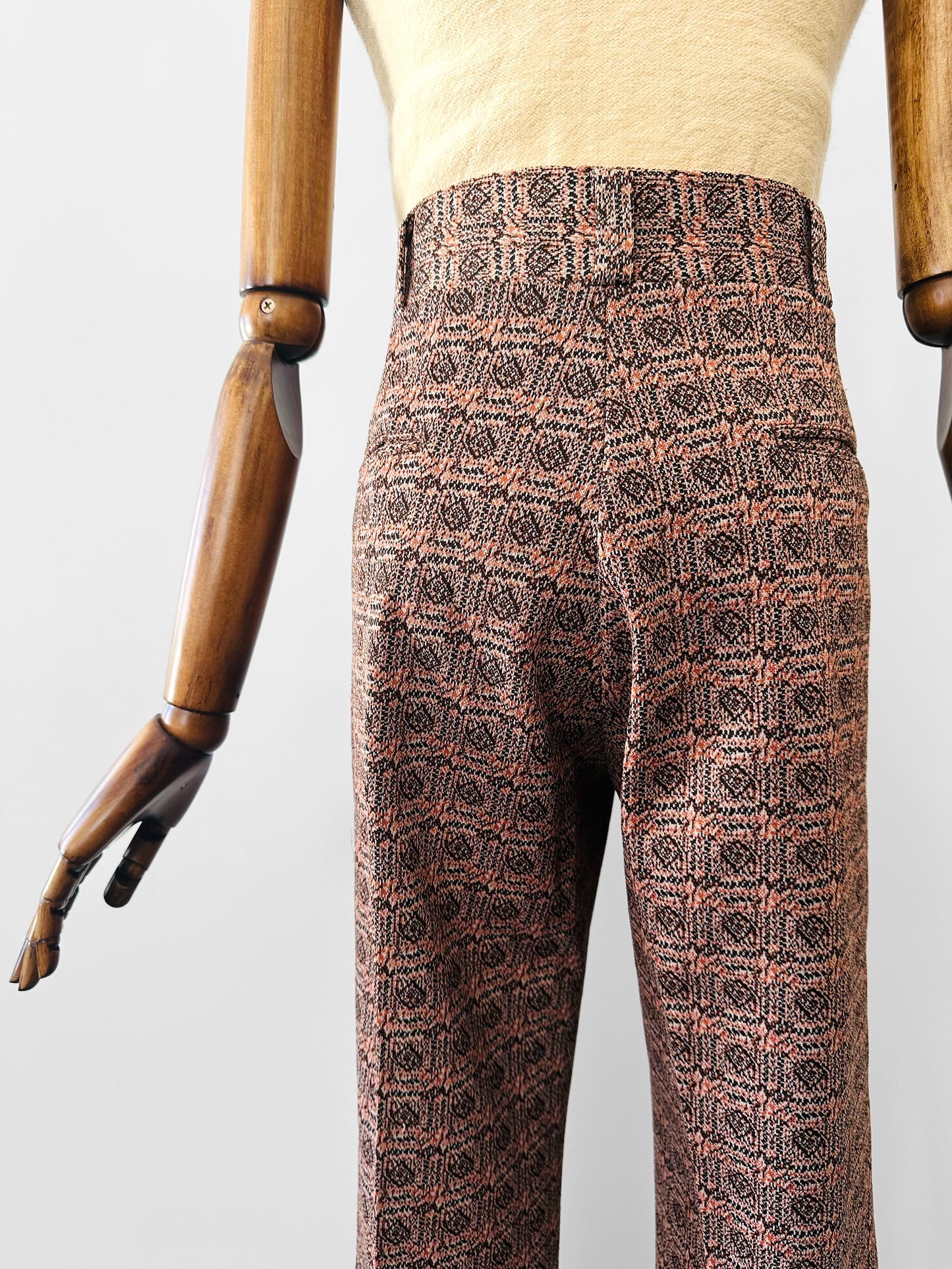 1970s Patterned Jacquard Wide Waistband Bell Bottom Pants - Sz. S/M
