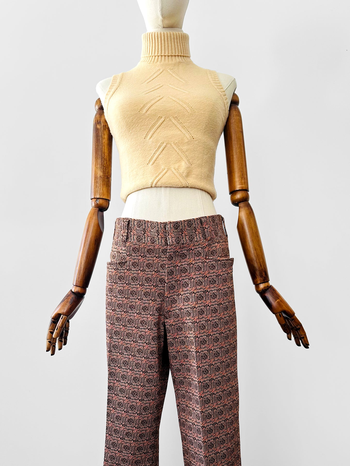 1970s Patterned Jacquard Wide Waistband Bell Bottom Pants - Sz. S/M