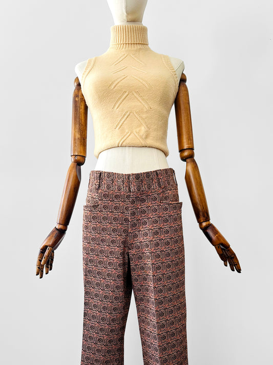 1970s Patterned Jacquard Wide Waistband Bell Bottom Pants - Sz. S/M