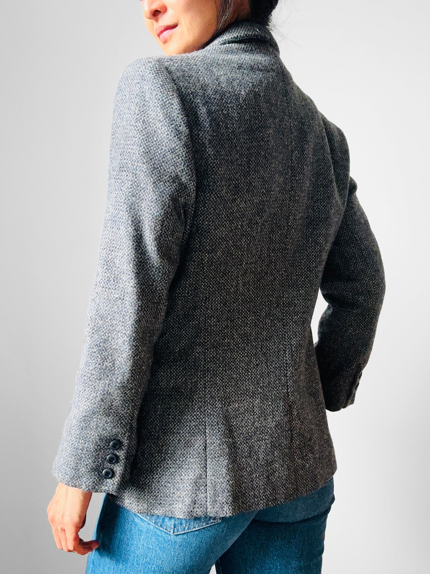 1960s Grey Single Button Tweed Wool Tapered Waist Jacket - Sz. S